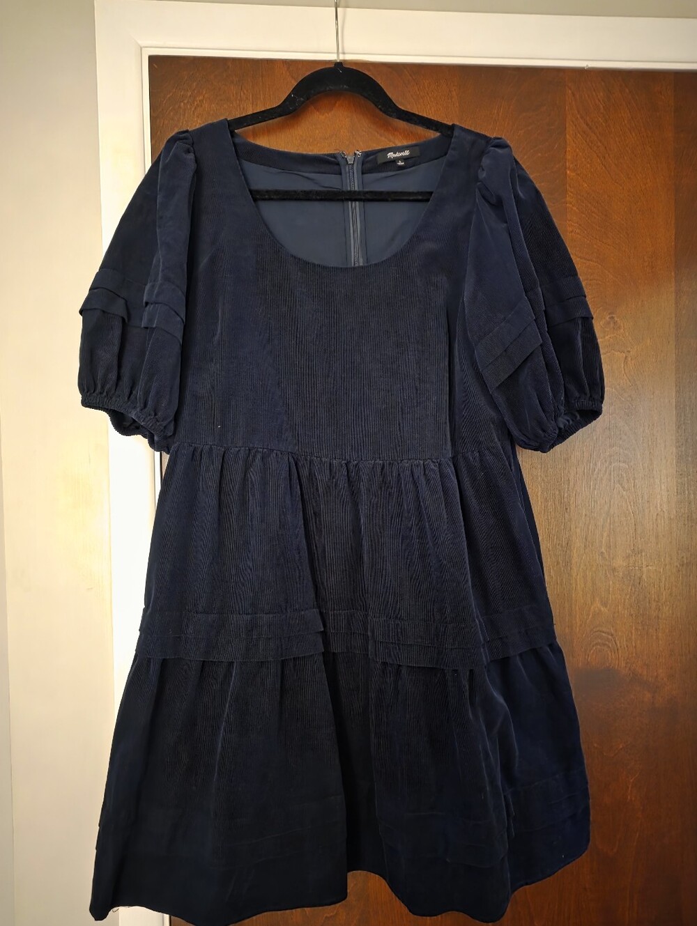 Madewell Navy Corduroy Puff-Sleeve Mini Dress